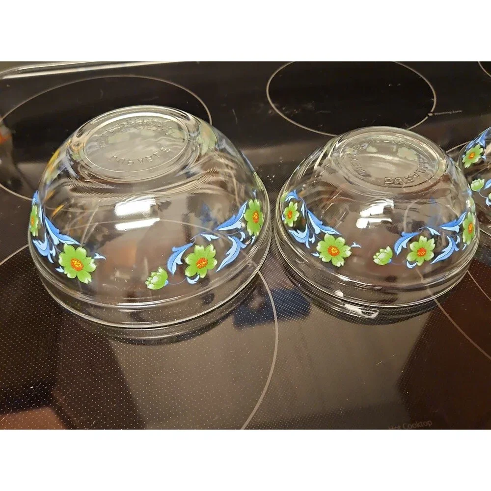 Set Of 4 Imperial Glass Green Sunflower Blue Leaves Nesting Bowls EUC